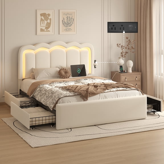 Queen Size Bed Frame with 4 Storage Drawers and LED Lights, Upholstered Platform Bed with Adjustable Chic Double Wavy Headboard, Charging Station, Metal Slats Support, White