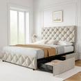 thumbnail image 1 of Queen Size Bed Frame with 4 Storage Drawers, Linen Upholstered Platform Bed Frame with Adjustable Headboard, Diamond Stitched Button Tufted, No Box Spring Needed, Off White, 1 of 9