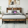 thumbnail image 1 of Queen Size Bed Frame with 4 Storage Drawers, Metal Platform Bed with Wooden Headboard and Charging Station, No Box Spring Needed, Noise Free, Easy Assembly, Brown, 1 of 23