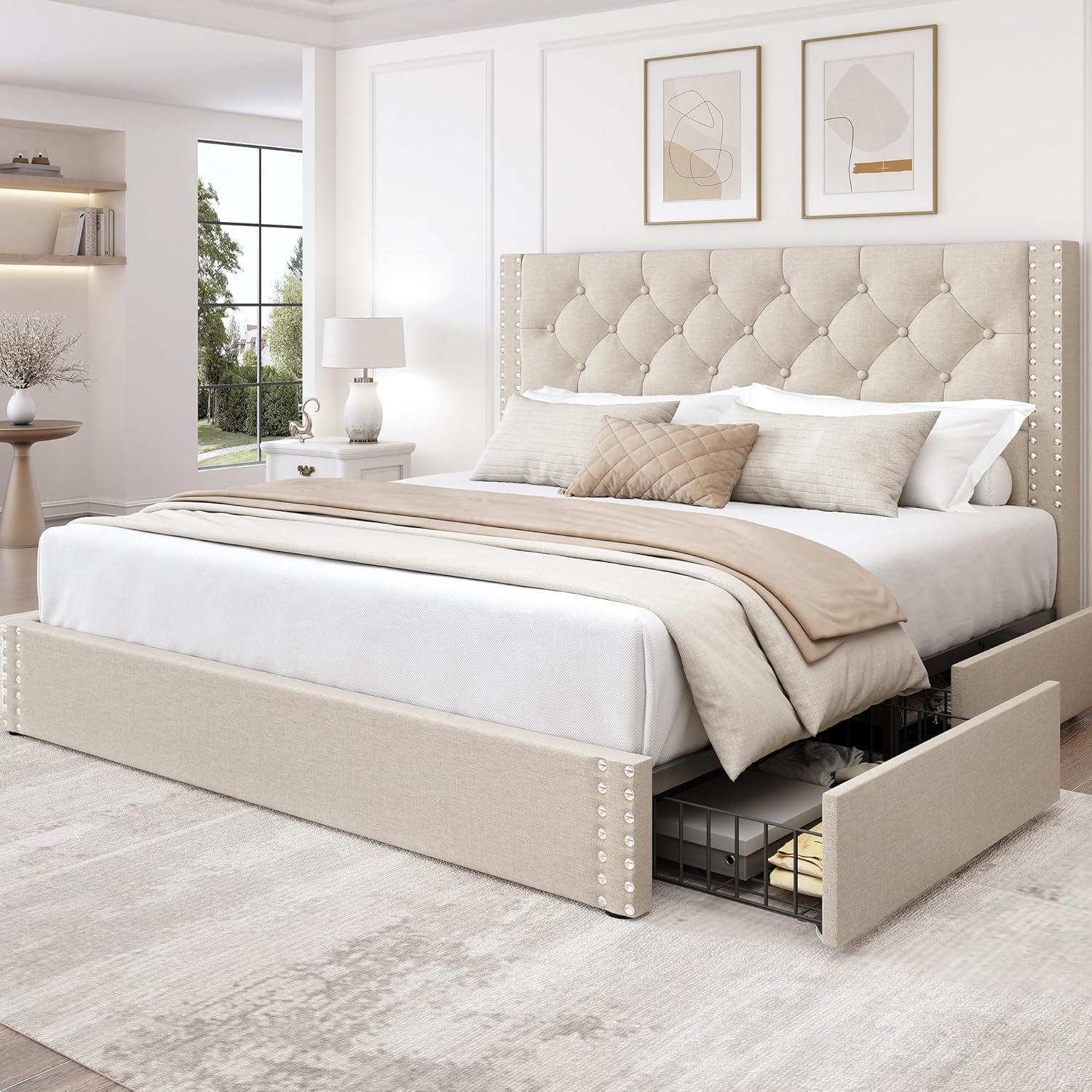 Queen Size Bed Frame with 4 Storage Drawers and Tufted Headboard Linen ...