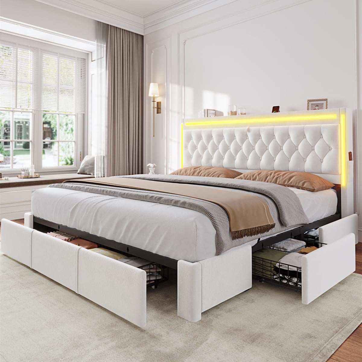 Queen Size Bed Frame with 5 Storage Drawers and Storage Headboard with ...