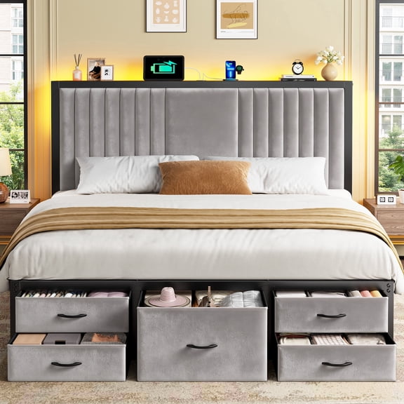 Queen Size Bed Frame with 5 Storage Drawers & Storage Headboard, Upholstered Bed Frame with LED Lights & Charging Station, Premium Velvet Fabric, NO Noise, Easy Assembly,Grey