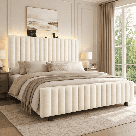 Queen Size Bed Frame, 50" Tall Adjustable Headboard, Velvet Upholstered Platform Bed with LED Lights & Charging Station,Heavy Duty Metal Frame, No Box Spring Needed, White