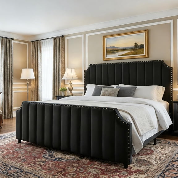 Queen Size Bed Frame, 52 Inch Tall Headboard Platform Bed Frame with Nailhead Trim and Footboard, Sturdy Wooden Slats Support, Noise Free Design, Black