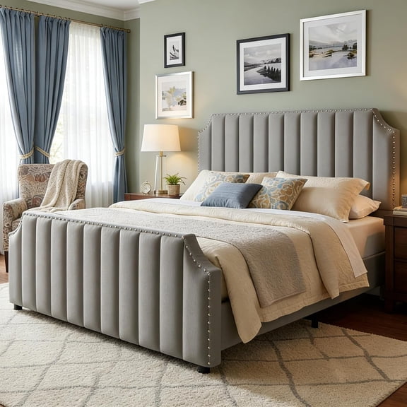 Queen Size Bed Frame, 52 Inch Tall Headboard Platform Bed Frame with Nailhead Trim and Footboard, Sturdy Wooden Slats Support, Noise Free Design, Grey