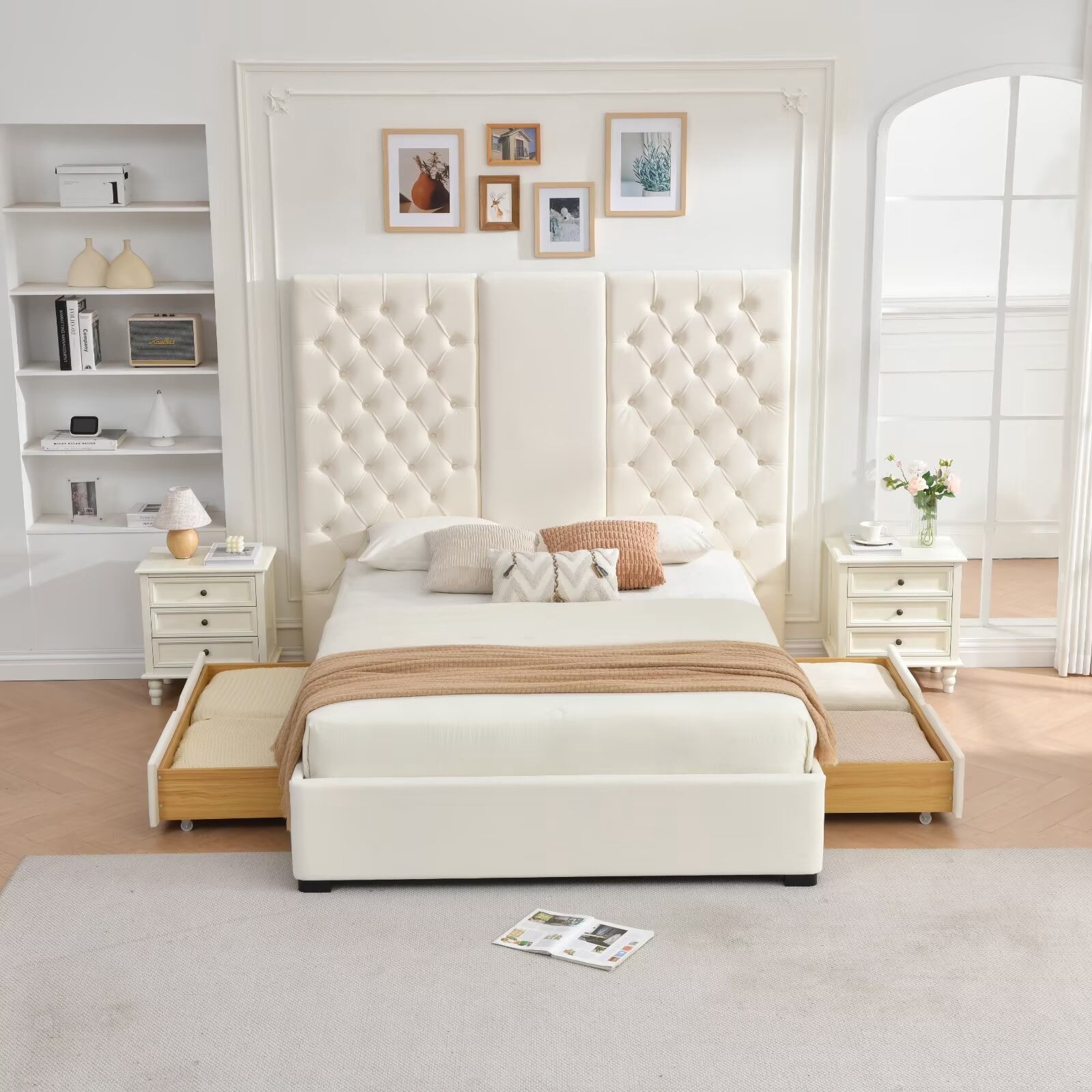 Queen Size Bed Frame 63.58" Tall Headboard, Velvet Upholstered Platform Bed, Drawers & Button Tufted, Easy Assembly, No Box Spring Needed, Cream