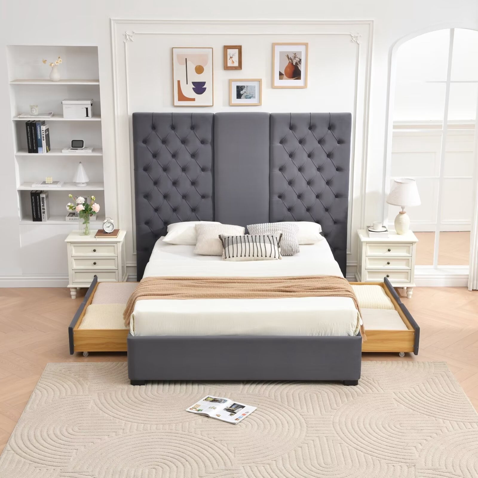 Queen Size Bed Frame 63.58" Tall Headboard,Velvet Upholstered Platform Bed, Storage Drawers & Button Tufted, Easy Assembly, No Box Spring Needed, Gray