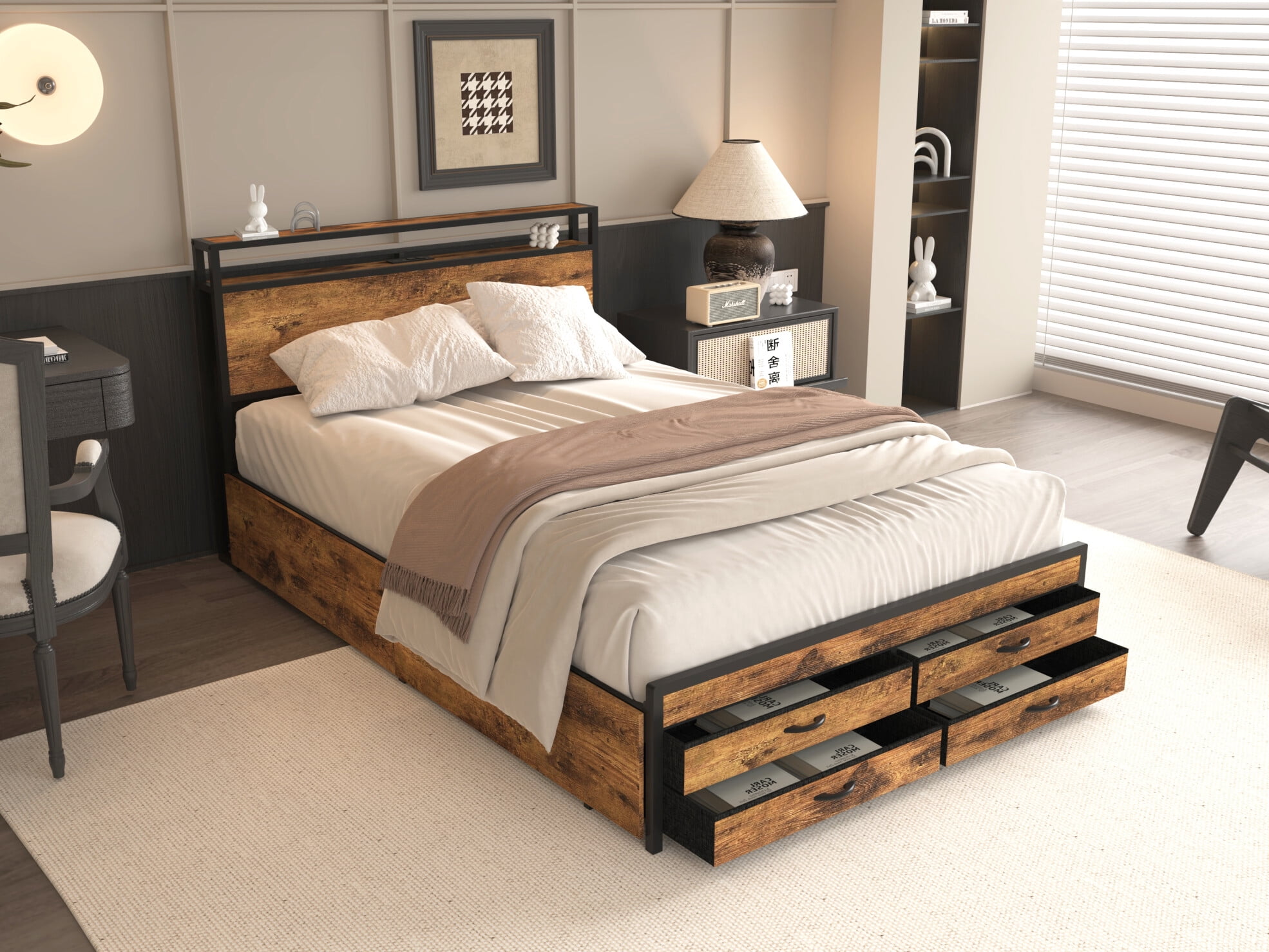 Queen Size Bed Frame with 8 Storage Drawers & LED Charging Headboard ...