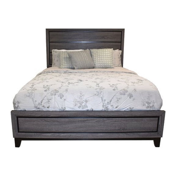 Queen Size Bed Frame, Acacia Wood and MDF Contemporary Bed with Panel Headboard and Footboard, Rustic Gray Finish, Chippendale Legs for Bedroom, Box Spring Required, Modern Style