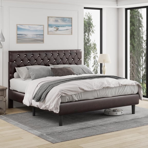 Queen Size Bed Frame with Adjustable Brown Leather Headboard, Waterproof & Easy Clean, Modern Crystal Button Design for Bedroom & Living Room, Family & Apartment