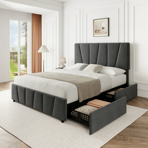 Queen Size Bed Frame with Adjustable Headboard and 2 Storage Drawers, Upholstered Platform Bed Frame with Wooden Slats Support, No Box Spring Needed, Grey