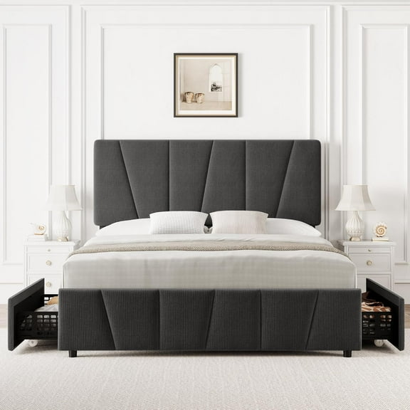 Queen Size Bed Frame with Adjustable Headboard and 4 Storage Drawers, Upholstered Platform Bed Frame with Wooden Slats Support, No Box Spring Needed, Grey