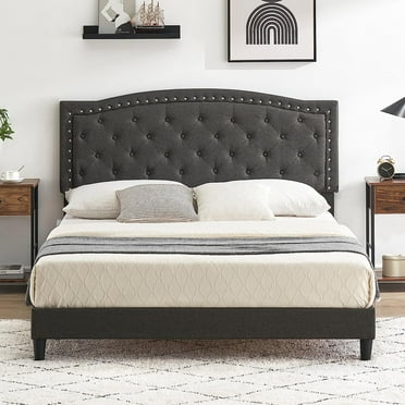 Queen Size Bed Frame Adjustable Headboard,Button Tufted Upholstered Platform Bed Frame,No Box Spring Needed,Noiseless,Easy Assembly,Grey