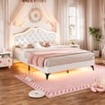thumbnail image 1 of Queen Size Bed Frame with Adjustable Headboard,Crystal Button, Upholstered Platform Bed with LED Lights for Girls, Solid Wood Slats Support, No Box Spring Needed, Beige, 1 of 8