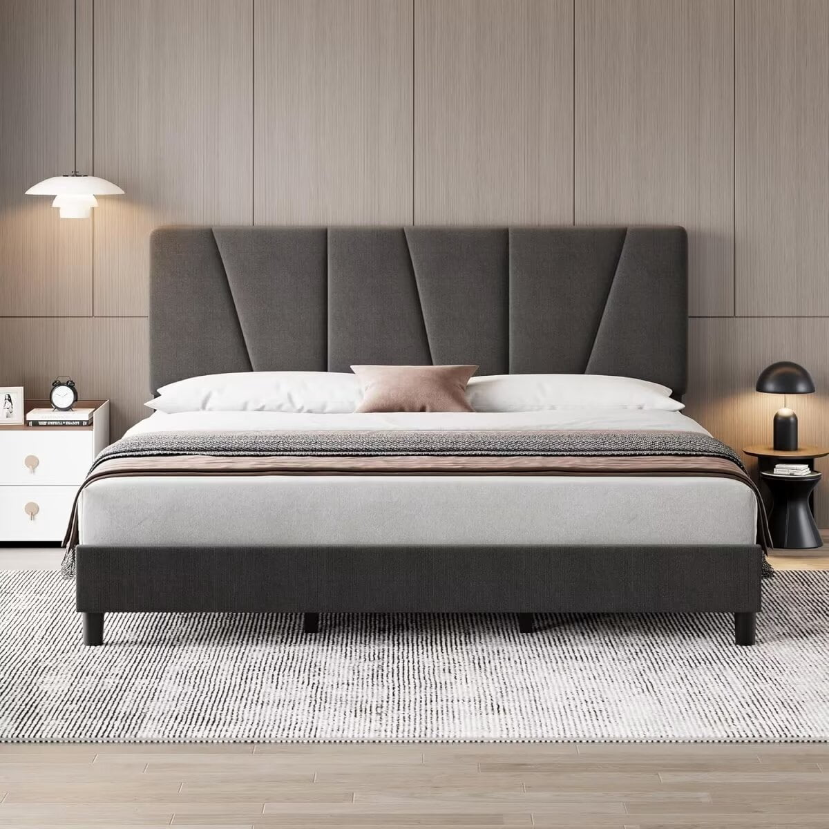 Queen Size Bed Frame with Adjustable Headboard, Upholstered Linen Platform Bed Frame with Strong Wooden Slats & Mattress Foundation, No Box Spring Needed, Easy Assembly, Dark Grey