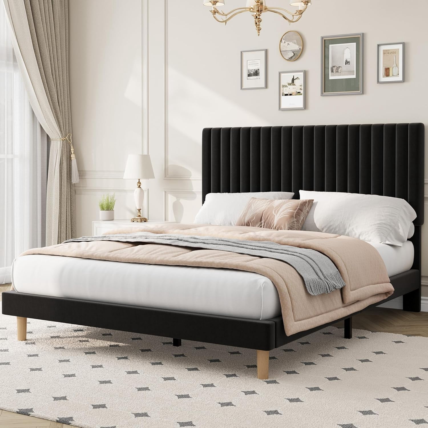 Queen Size Bed Frame with Adjustable Headboard, Velvet Upholstered Platform Queen Bed Frame, Vertical Channel Tufted, Strong Wooden Slats, No Box Spring Needed, Easy Assembly, Black