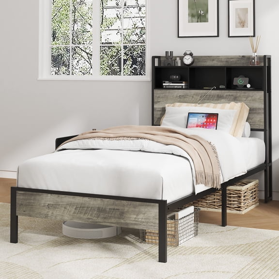 Bed frame single bed type, with storage space at the head of the bed and a charging station in the middle