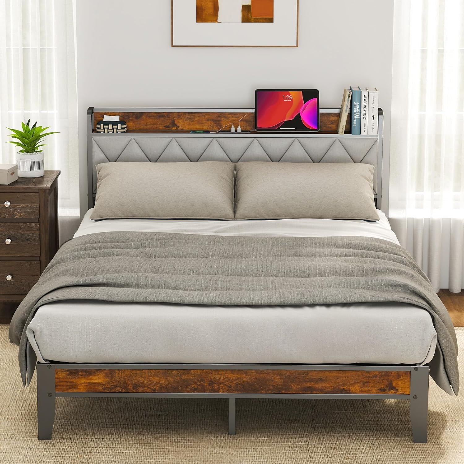 Queen Size Bed Frame, Bed with Headboard, 800LBS Heavy Duty Mattress Foundation with Steel Slats Support (No Box Spring Needed)