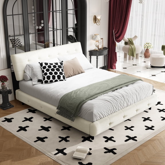 Queen Size Bed Frame for Bedroom, Platform Bed Frame with Tufted Headboard, Metal and Wooden Slats Double Support, Ultra-Soft Cloud Pillow Design, Noise-Free, Beige