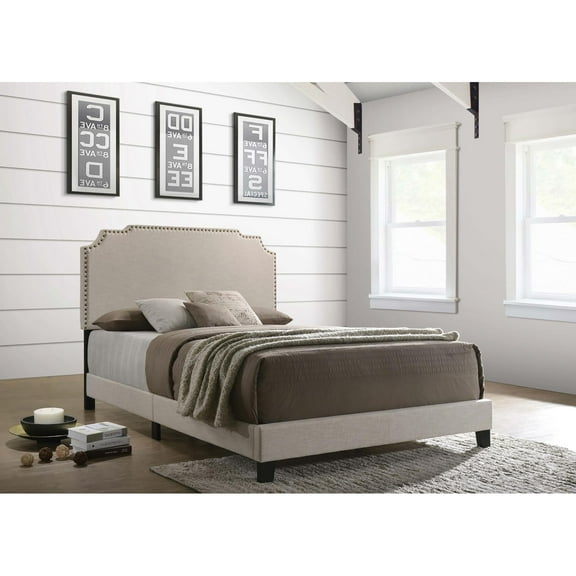 Full Bed Frame, Double Bed Frame,Beige Full Panel Bed with Nailhead Trim