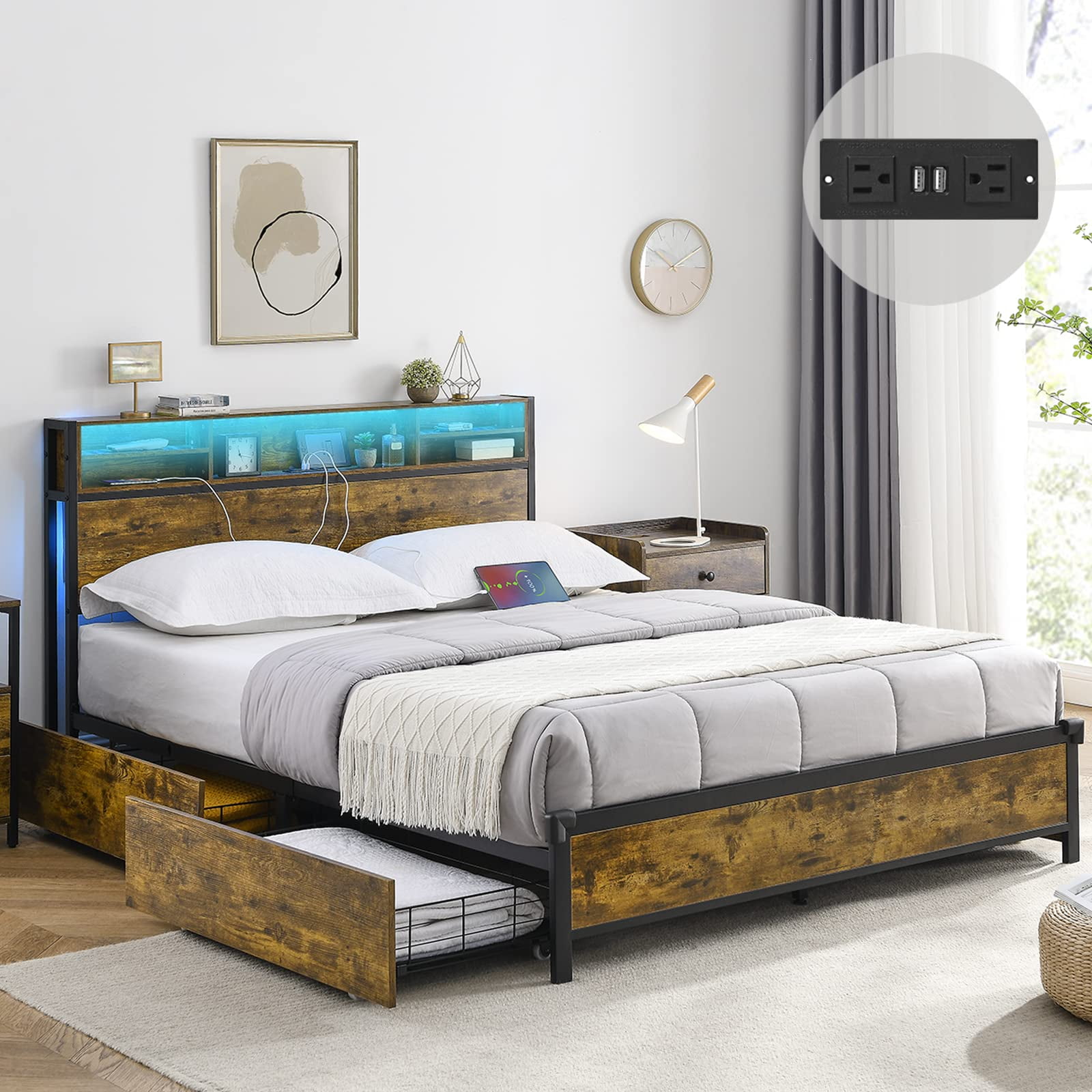 Queen Size Bed Frame with Bookcase Headboard and 4 Storage Drawers, LED