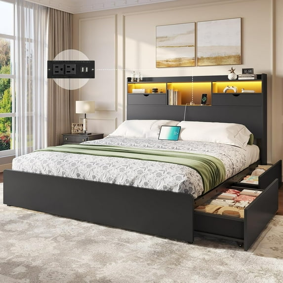 Queen Size Bed Frame with Bookcase Headboard and Charging Station, Wooden Platform Bed Frame with LED Lights and 4 Drawers, Queen Beds for Bedroom, No Box Spring Required, Black
