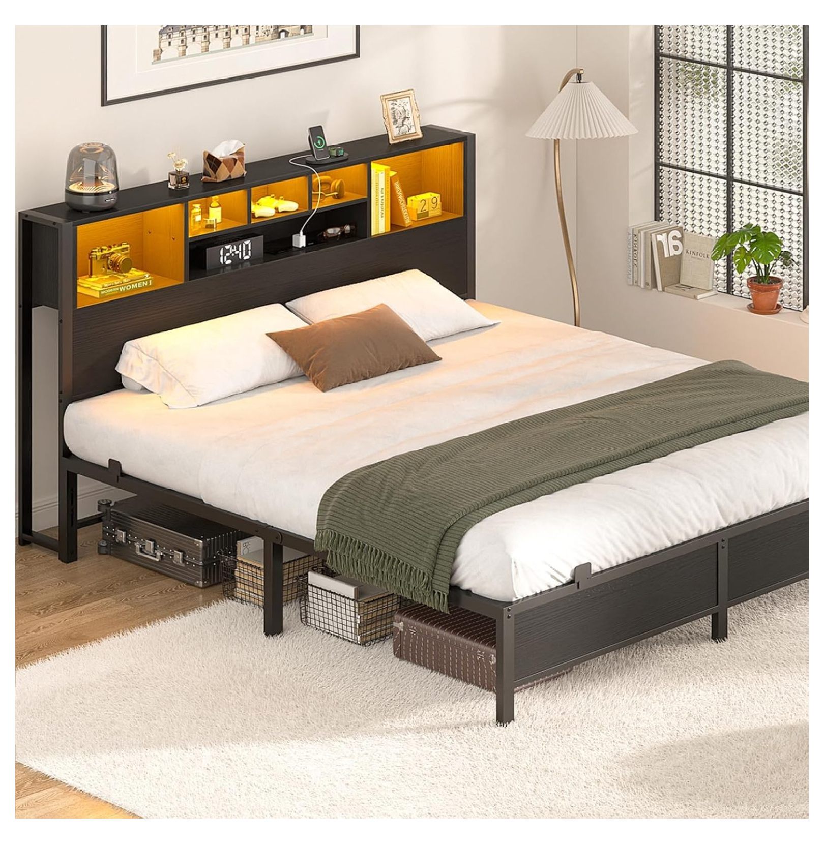 Queen Size Bed Frame with Bookcase Headboard, Metal Platform Bed Frame