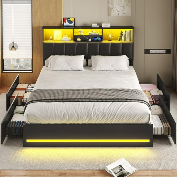 Queen Size Bed Frame with Bookcase Headboard, Wooden Bed Frame Queen Size with Charging Station, 4 Storage Drawers and LED Lights, with Type-C and USB, No Box Spring Needed, Black