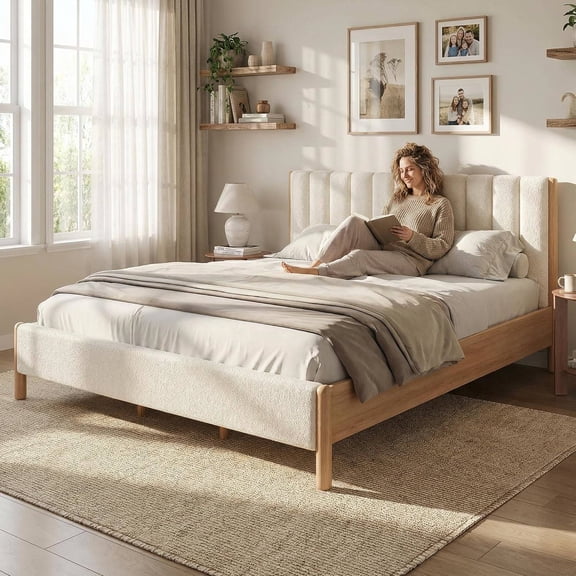 Queen Size Bed Frame with Boucle Upholstered Headboard, Solid Rubberwood Legs, Vertical Striped Design, Wood Slat Support, No Box Spring Needed, White
