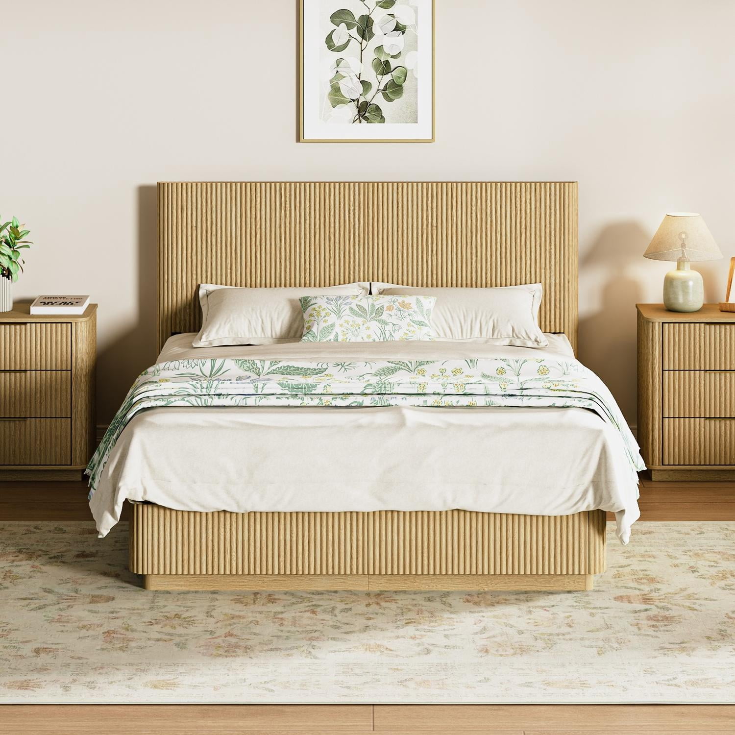Queen Size Bed Frame with Built-In Nightlight System, Modern Wooden Corrugated Curved Lines Platform Bed, No Box Spring Needed, Adjustable Lighting, Oak