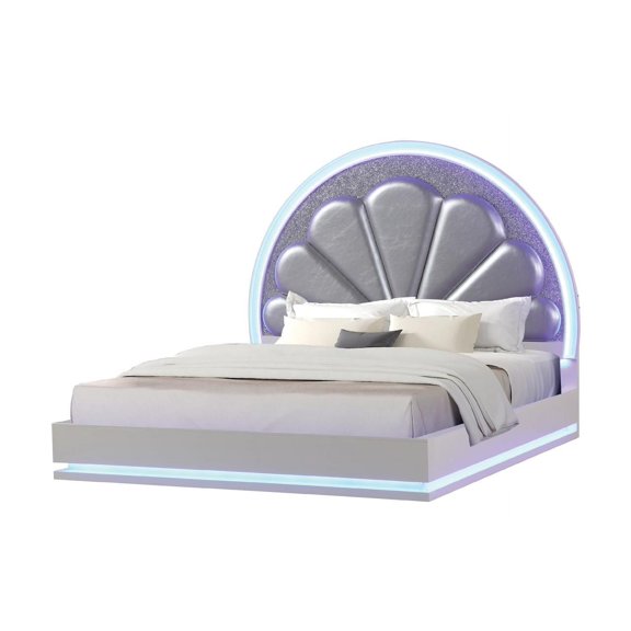 Queen Size Bed Frame with Built-in LED Lights, Wood and Polyester Blend Upholstered Moon Shaped Headboard with Channel Tufting, Slat Bed Base, Milky White Contemporary Bedroom Bed