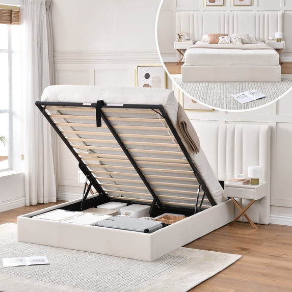 Queen Upholstered lift up Storage Bed Frame with Oversized Headboard, Built-in Nightstands and Wood Slat Support, No Box Spring Needed, Cream