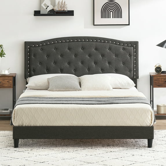 Queen Size Bed Frame with Button Tufted Headboard, Fabric Upholstered Platform Bed Frame with Adjustable Headboard, Mattress Easy Assembly, No Box Spring Needed (Black, Queen)