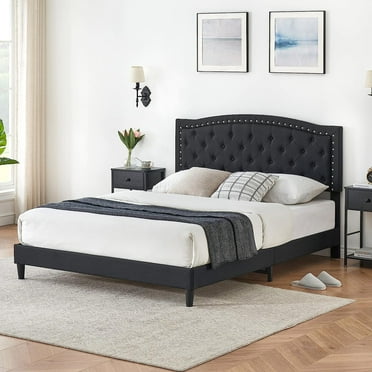 Queen Size Bed Frame with Button Tufted Headboard, Fabric Upholstered Platform Bed Frame with Adjustable Headboard, Mattress Foundation, Easy Assembly, No Box Spring Needed (Black)