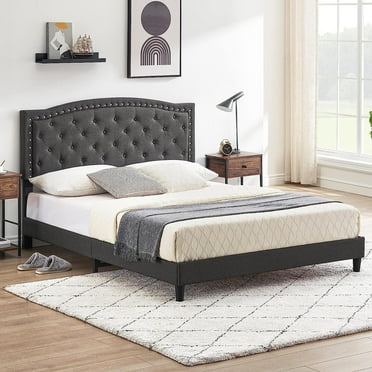 Queen Size Bed Frame with Button Tufted Headboard, Fabric Upholstered Platform Bed Frame with Adjustable Headboard, Mattress Foundation, Easy Assembly, No Box Spring Needed (Gray)