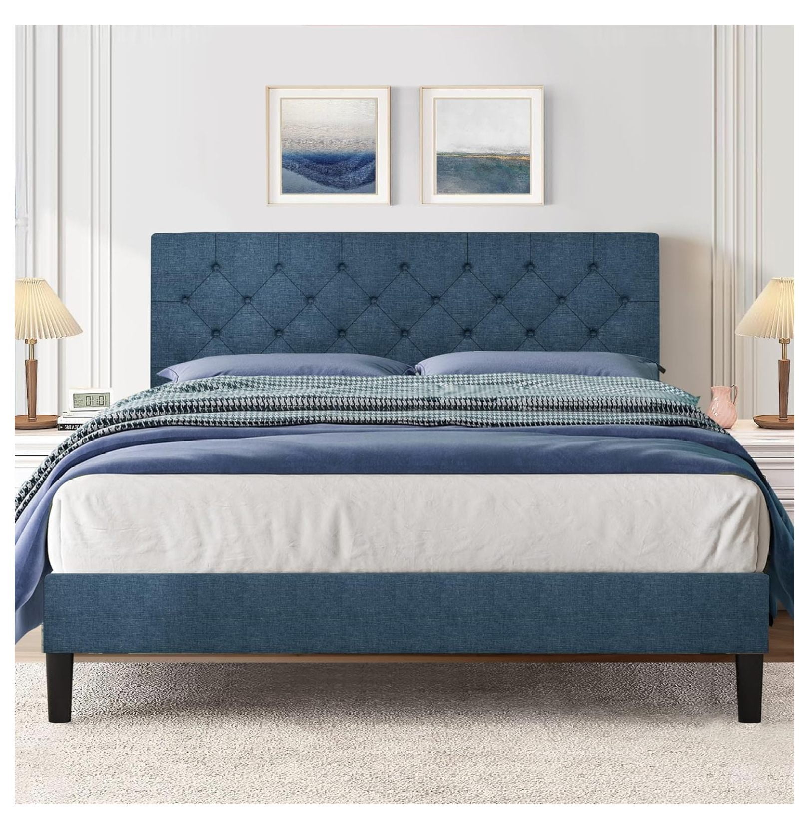 Queen Size Bed Frame with Button Tufted Headboard, Upholstered Platform