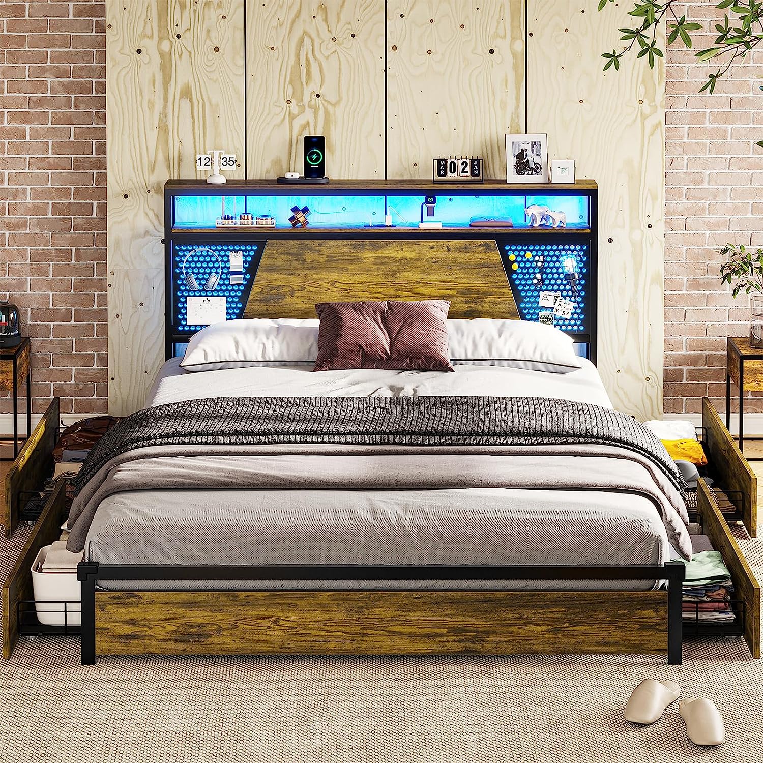 Queen Size Bed Frame with Charging Station & LED Lights Headboard