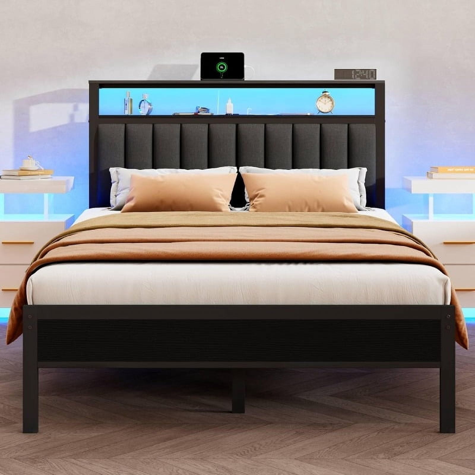 Queen Size Bed Frame with Charging Station and LED Lights Platform Bed ...