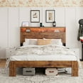 thumbnail image 1 of Queen Size Bed Frame with Charging Station, Wood Platform Bed Frame with LED Light and Storage Headboard, Noise Free, No Box Spring Needed, Dark Brown, 1 of 6