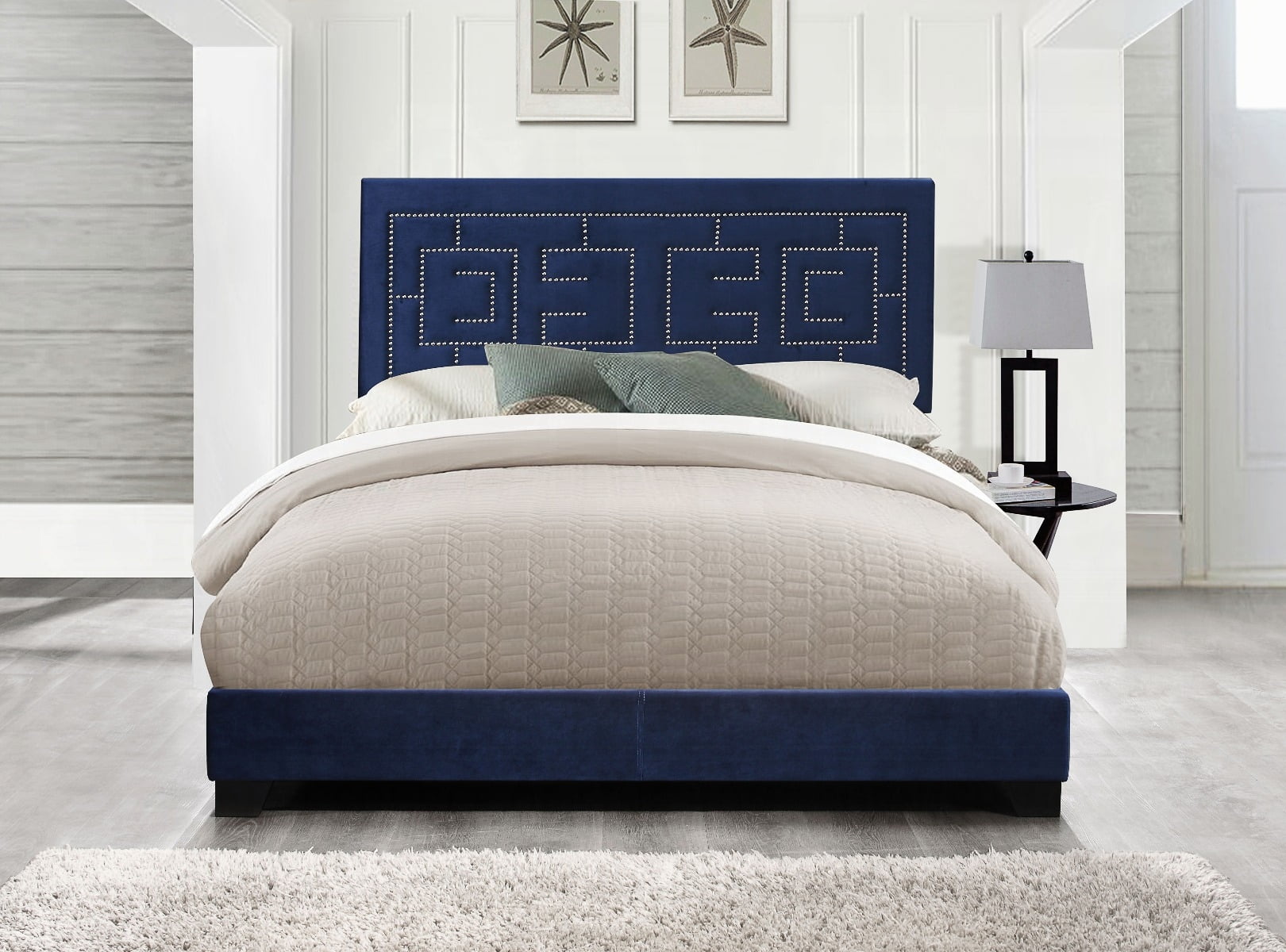 King Bed Frame, King Size Bed Frame,Dark Blue Eastern King Panel Bed ...
