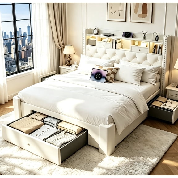 MARQUESSIA Queen Bed Frame with Storage 3 Drawers Velvet Upholstered Headboard LED Lights and Charging Station No Box Spring Needed Sturdy & Noise-Free Beige