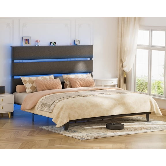 Queen Size Bed Frame Fabric Upholstered Platform with Modern Padded Modular LED Headboard Adjustable Gaps Sturdy Metal Slats Support No Box Spring Needed Easy Assembly Noise Free