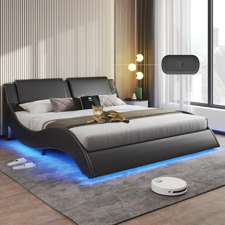 Queen Size Bed Frame Faux Leather Upholstered Platform Bed Frame with Smart RGB LED Lights Low Profile Wave Like Curve Bed Frame with Headboard No