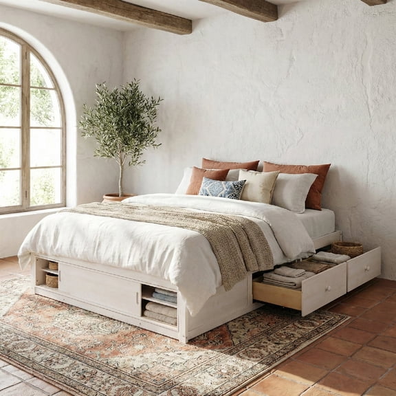 Queen Size Bed Frame with Footboard Storage Cubby, Modern Size Bed Frame with 4 Storage Drawers for Bedroom, Apartment, Mattress not included,No Box Spring Needed, No Headboard,White