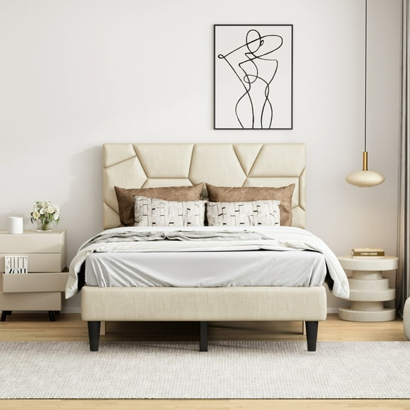 Full Bed Frame, Double Bed Frame,Full Bed Frame, linen storage headboard, strong and stable, no noise, no box spring, Weight 397lbs (Beige)
