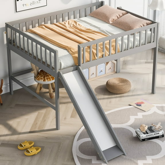 Full Bed Frame, Double Bed Frame,Full Size Low Loft Bed with Ladder and Slide,Gray