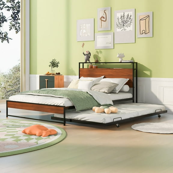 Full Bed Frame, Double Bed Frame,Full Size Metal Platform Bed Frame with Trundle, USB Ports and Slat Support ,No Box Spring Needed Black