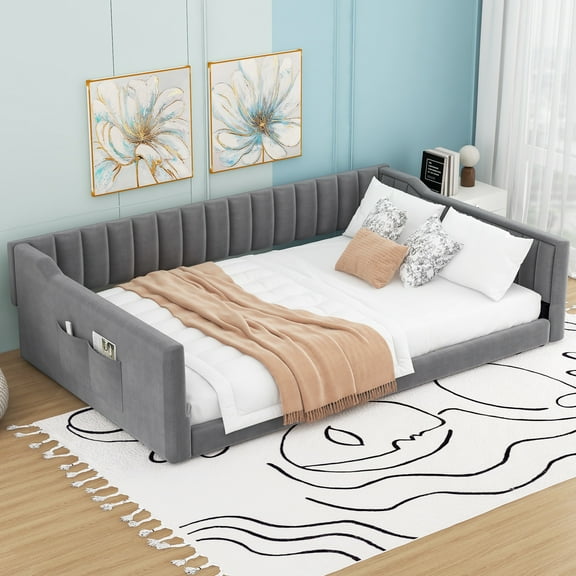 Full Bed Frame, Double Bed Frame,Full XL Size Upholstery Daybed and Side Storage Pocket,Gray