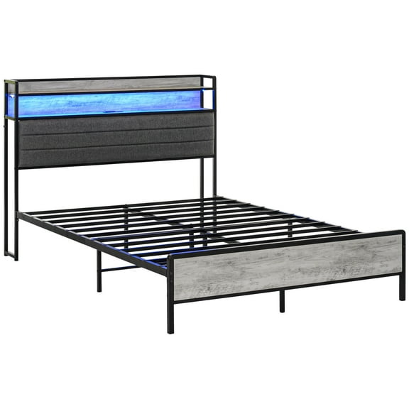 Queen Size Bed Frame HOMCOM Full Size Bed Frame with Storage Headboard, Upholstered Platform Bed Frame with LED Lights, Charging Station, Steel Slats, Noise-Free & Easy Assembly, No Box Spring Needed