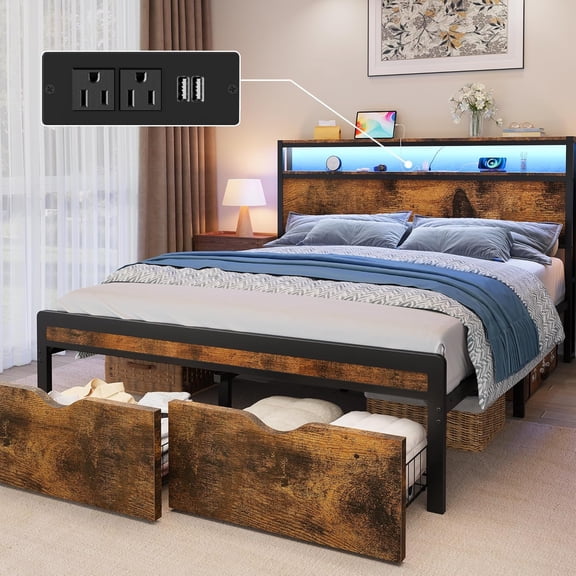 Queen Size Bed Frame with Headboard 2 Tier Storage, Rustic Brown | Metal Platform Bed Frame with 2 Storage Drawers, LED Lights and Charging Station, Noise Free, No Box Spring Needed